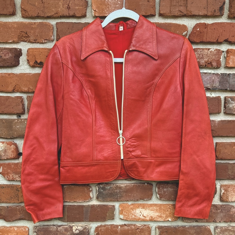 Vintage Leather Orange Butter Soft Lined riri Pull Zip Cafe Racer Cropped Jacket